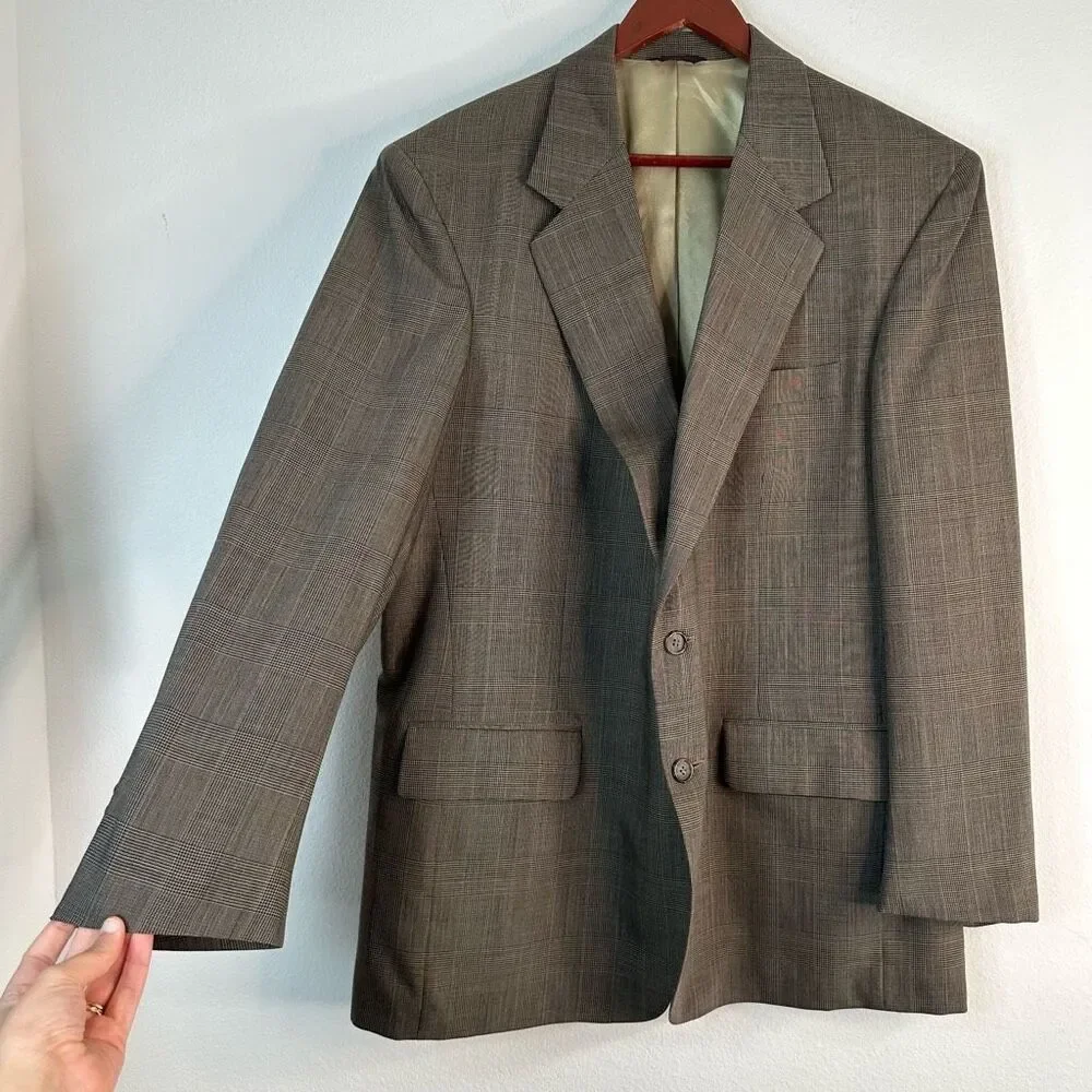Savile Row Tan Wool Houndstooth‎ Plaid Blazer Sport Coat Mens 44 Preppy Heritage